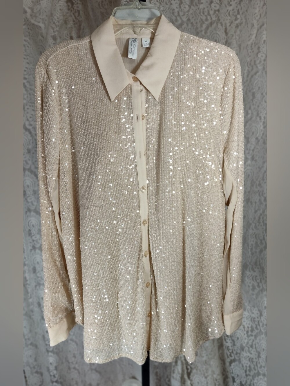 Sequin Collared Button-Up Top - Cream And Tank
